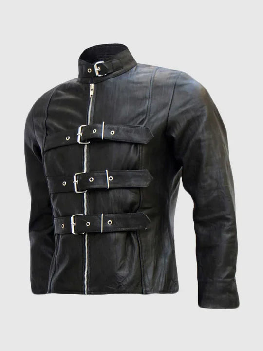 Trench Look Belted Mens Black Leather Jacket