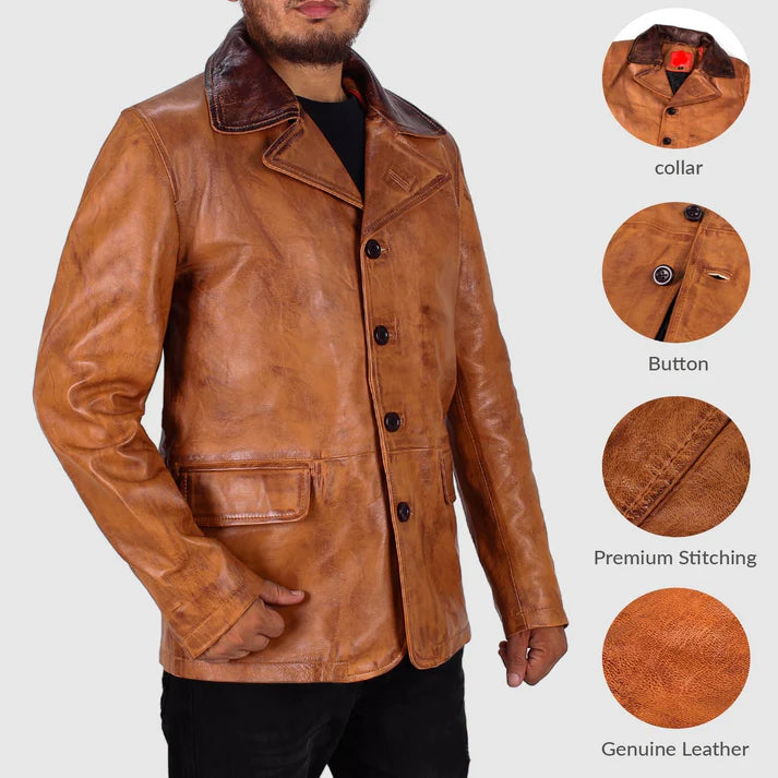 Lyxis Distressed Leather Double Breasted Men's Winter Coat