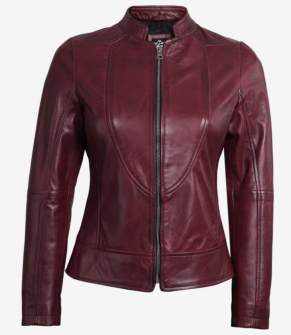 Women Maroon Cafe Racer Leather Jacket