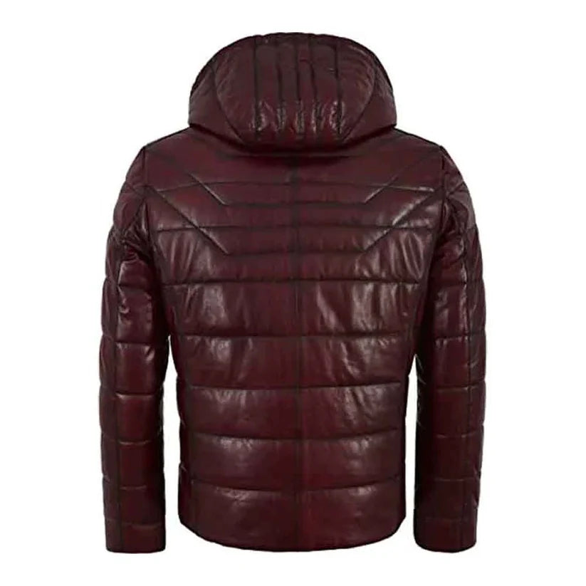 Mens Maroon Puffer Hooded Leather Jacket