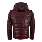 Mens Maroon Puffer Hooded Leather Jacket