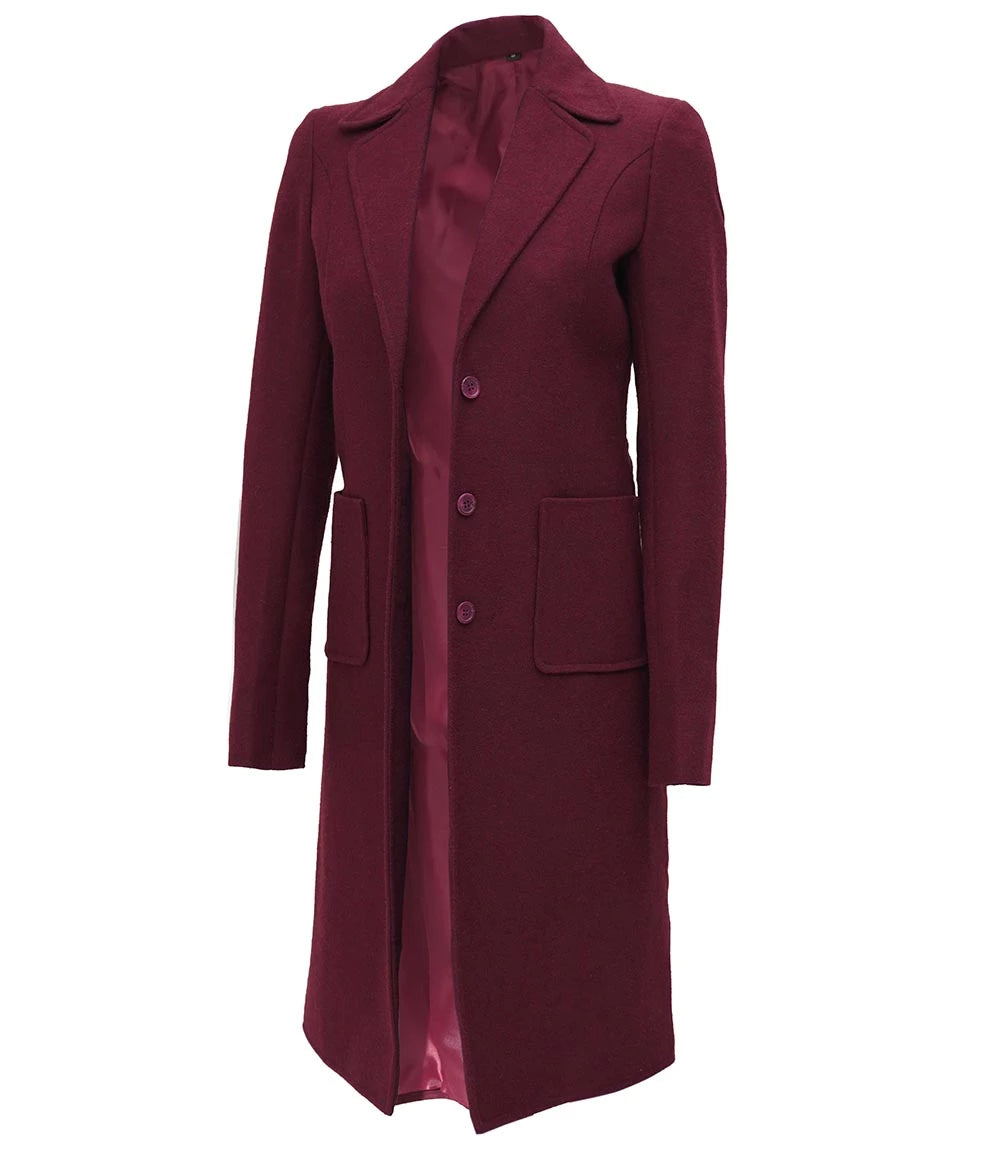 Womens Maroon Long Wool Coat
