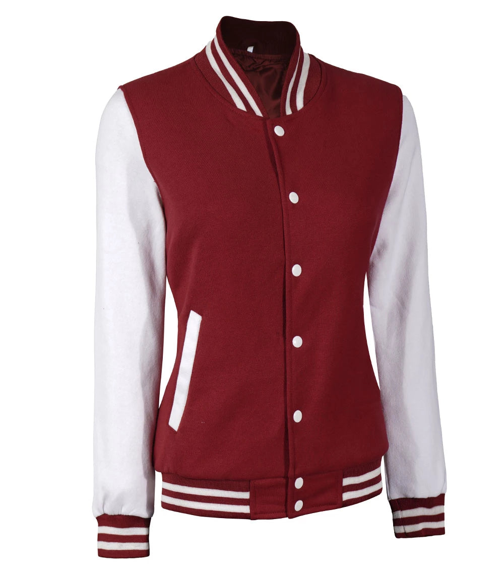Womens Maroon White Sleeves Varsity Jacket