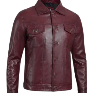 Mens Stylish Maroon Trucker Jacket – Genuine Lambskin Leather
