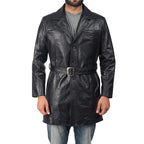 Men Black Leather Trench Coat