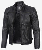 Stylish Men's Black Biker Jacket Padded Leather Shoulders