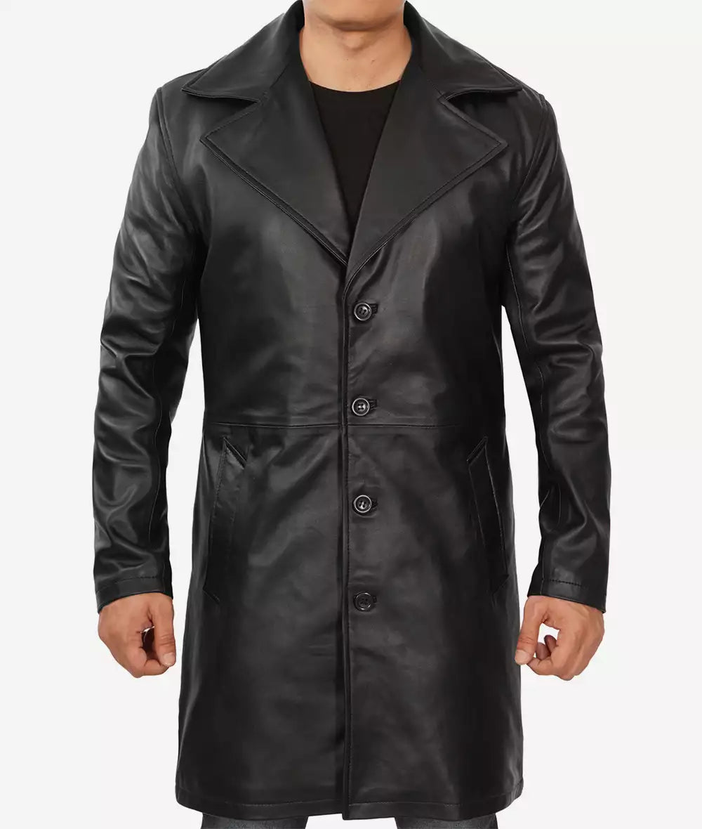 Men’s 3/4 Length Black Lambskin Leather Coat