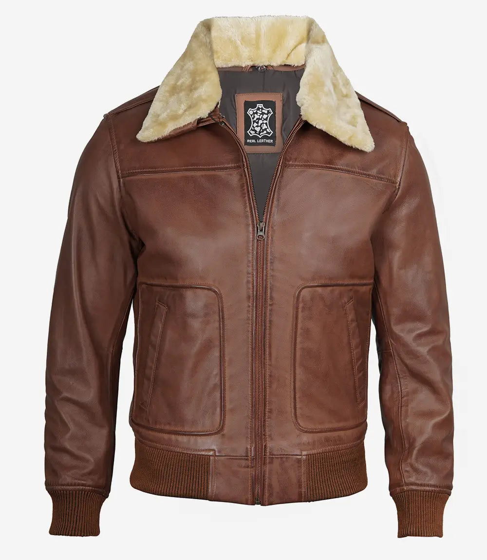 Fur Collar Cognac Leather Bomber Jacket for Men