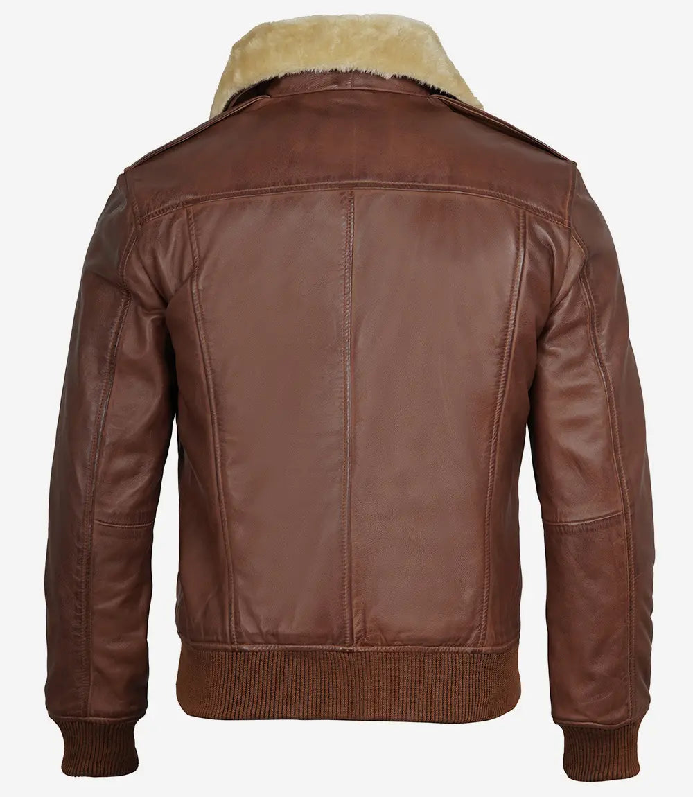Fur Collar Cognac Leather Bomber Jacket for Men