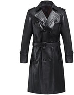 Belted Leather Trench Coat With Gun Flap