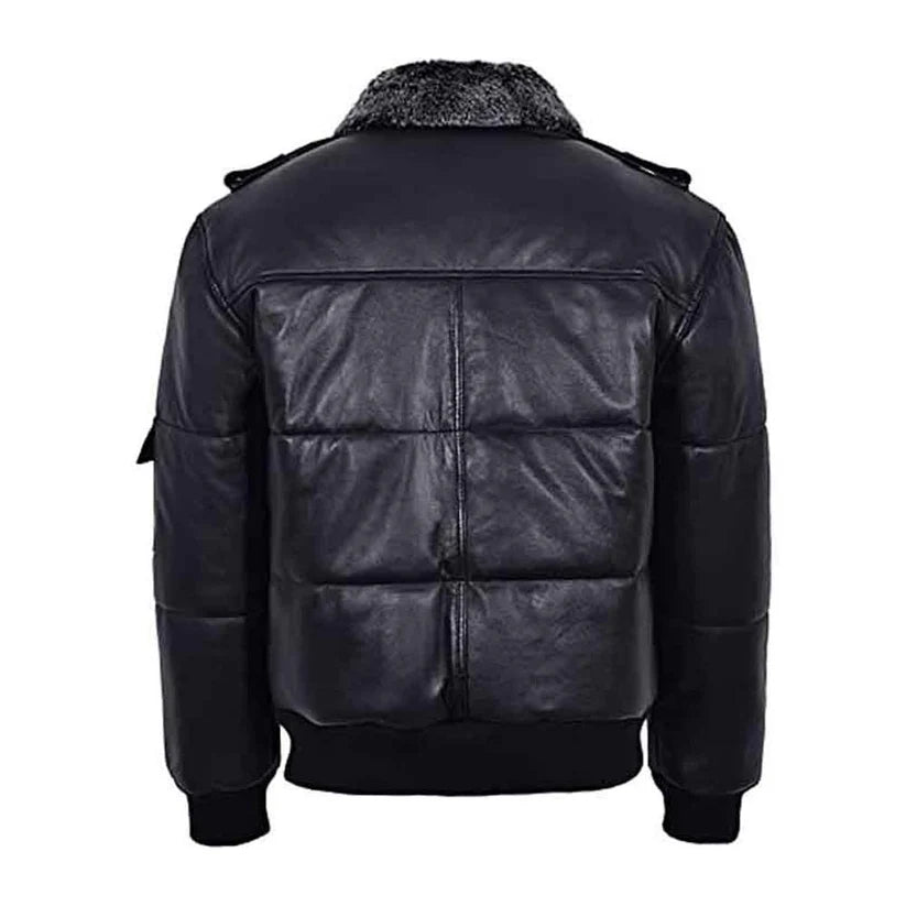 Mens Genuine Black Fur Puffer Leather Jacket