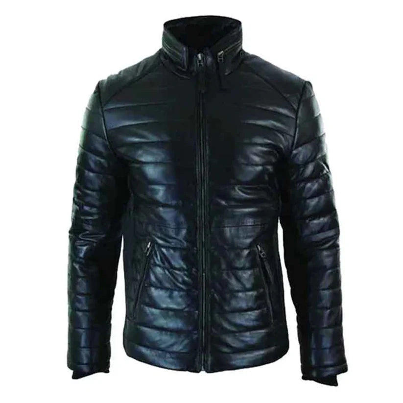 Mens Genuine Real Leather Puffer Black Jacket