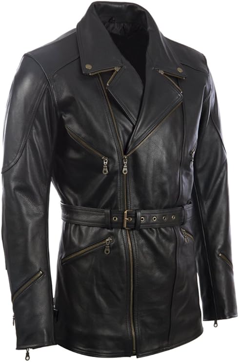 Mens Black Leather Belted Motorcycle Coat