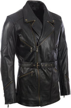 Mens Black Leather Belted Motorcycle Coat