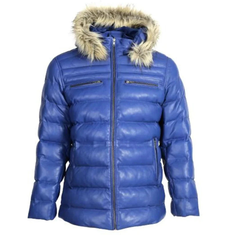 Mens Puffer Leather Jacket Fur Hoodie Blue