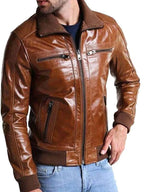 Mens Bomber Shining Brown Leather Jacket
