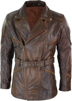 Mens Brown Leather Belted Motorcycle Coat