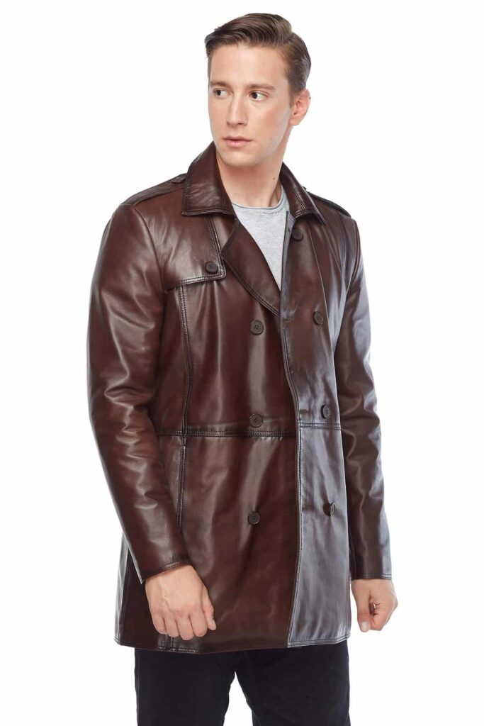 Mens Vintage Brown Leather Trench Coat