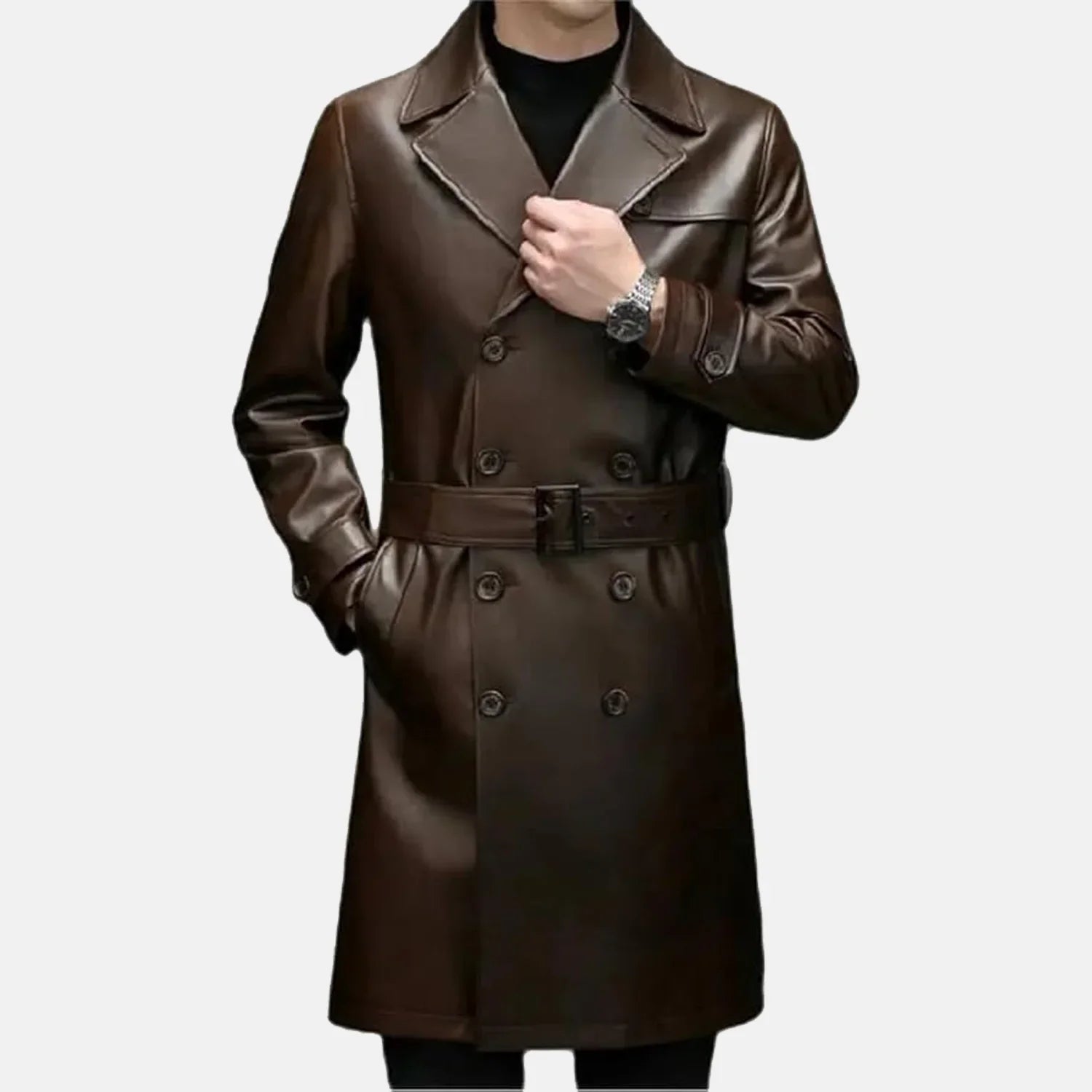 Mens Brown Sheepskin Leather Duster Coat