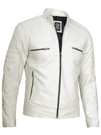 Mens Off White Leather Cafe Racer Jacket