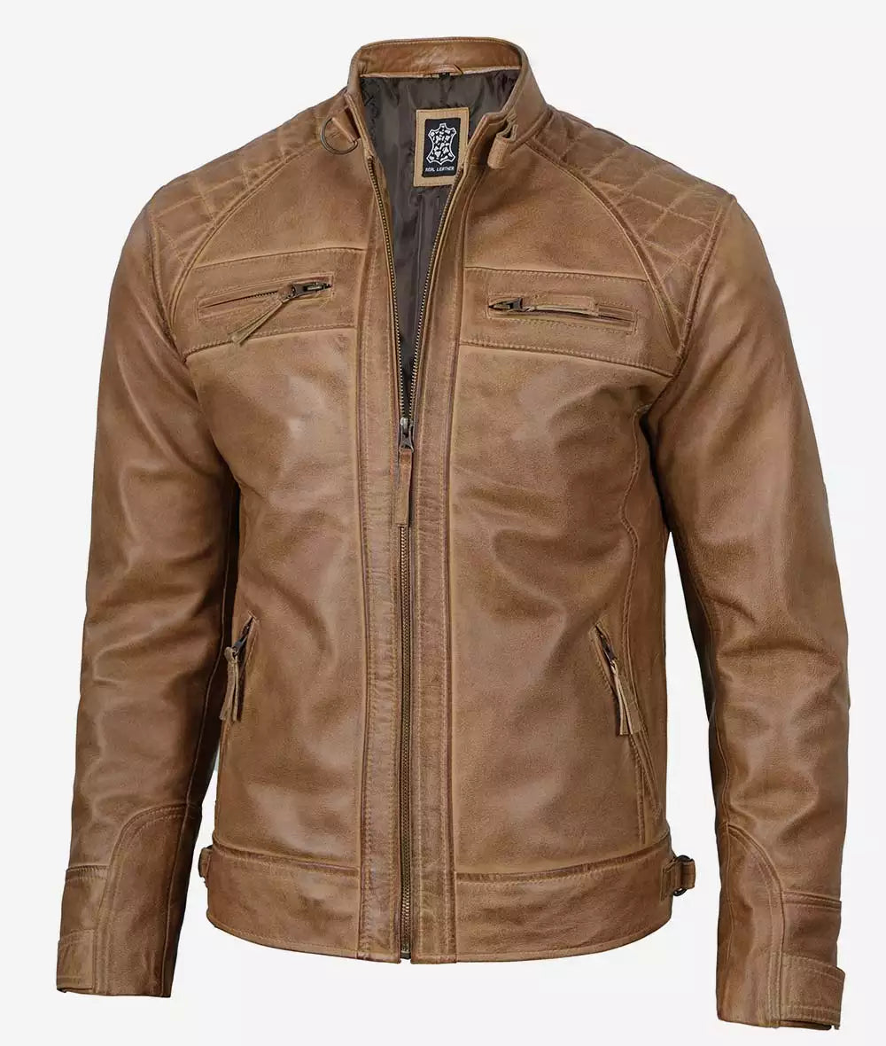 Mens Camel Brown Cafe Racer Jacket Quilted Shoulder