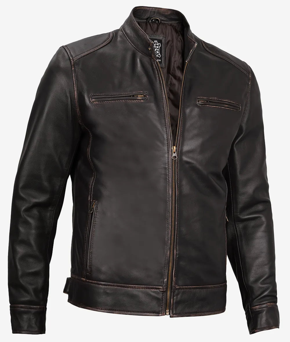 Mens Vintage Brown Leather Cafe Racer Jacket