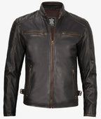 Classic Mens Rub Off Brown Leather Cafe Racer Jacket