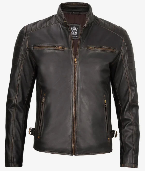Classic Mens Rub Off Brown Leather Cafe Racer Jacket