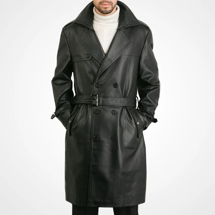 Mens Classic Genuine Leather Trench Coat