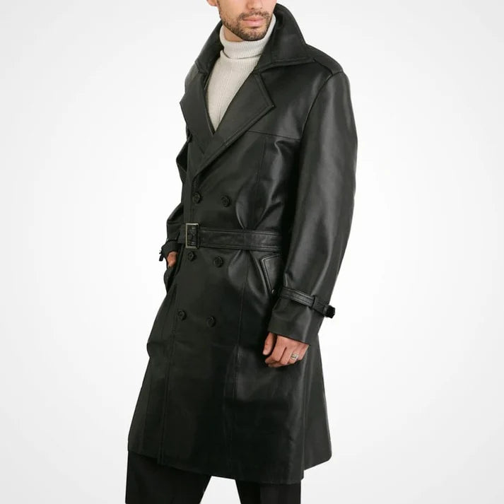 Mens Classic Genuine Leather Trench Coat