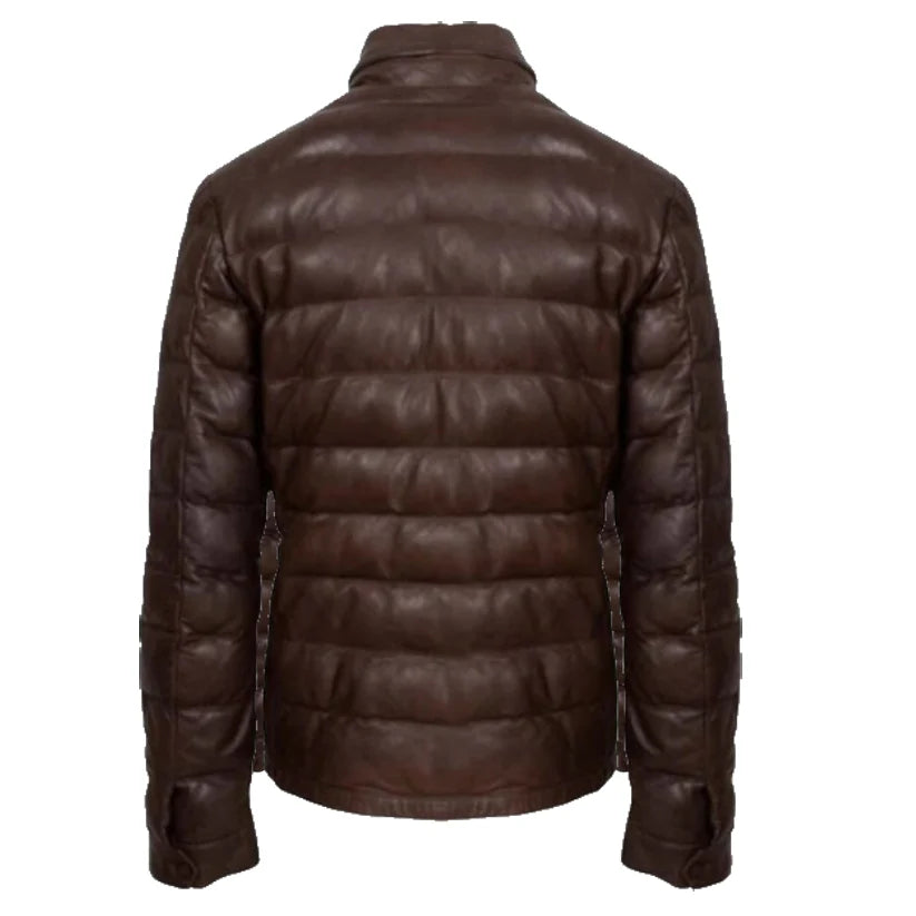 Mens Dark Brown Leather Puffer Jacket