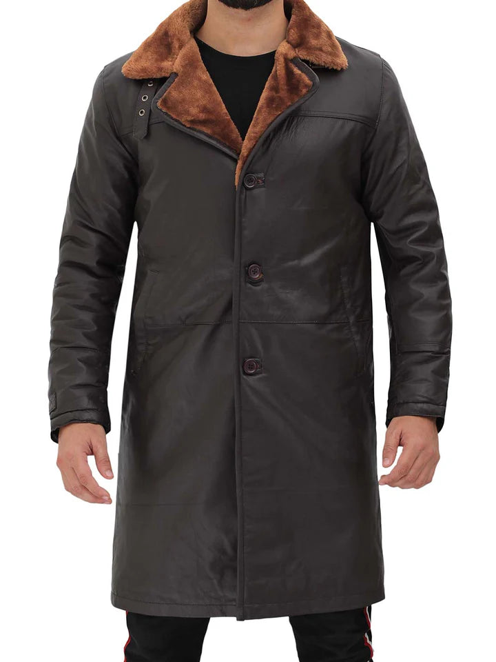 Mens Dark Brown Shearling Leather Trench Coat
