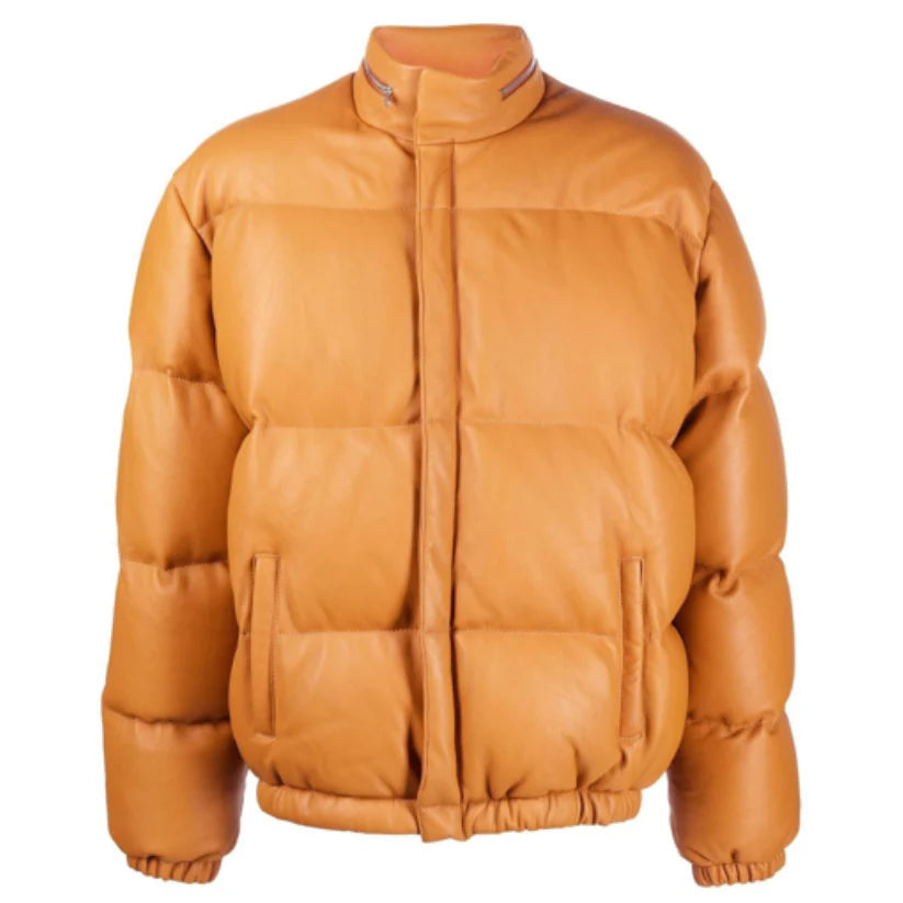 Leather Puffer Jacket Dark Camel Mens