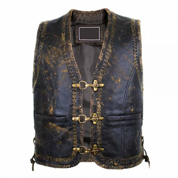 Vintage Mens Leather Vest Double Braided