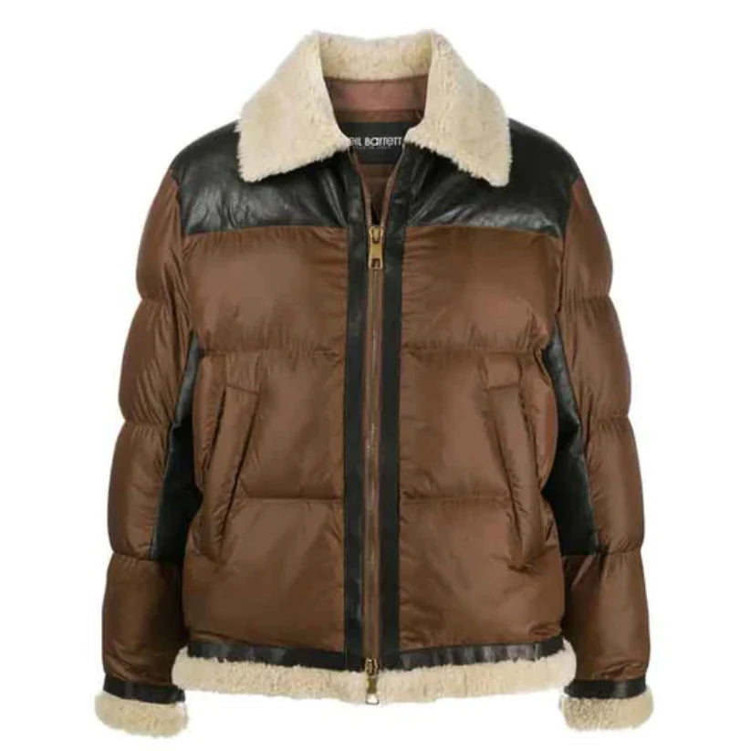Front Full Zipped Puffer Leather Jacket For Mens