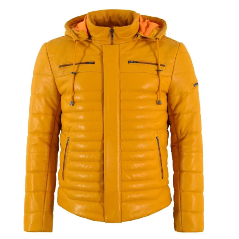 Mens Puffer Hooded Real Leather Jacket