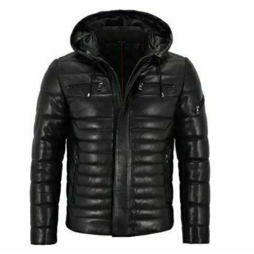 Men Genuine Lambskin Leather Puffer Hooded Black Jacket