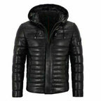 Men Genuine Lambskin Leather Puffer Hooded Black Jacket