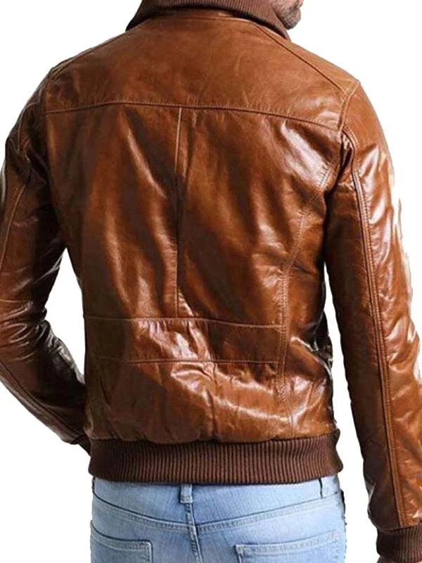 Mens Bomber Shining Brown Leather Jacket