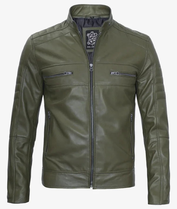 Mens Stylish Olive Green Cafe Racer Jacket
