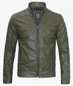 Mens Stylish Olive Green Cafe Racer Jacket