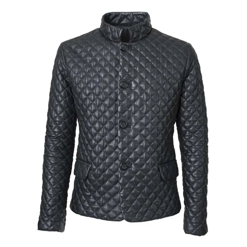 Mens Black Leather Puffer Jacket Diamond Quilted