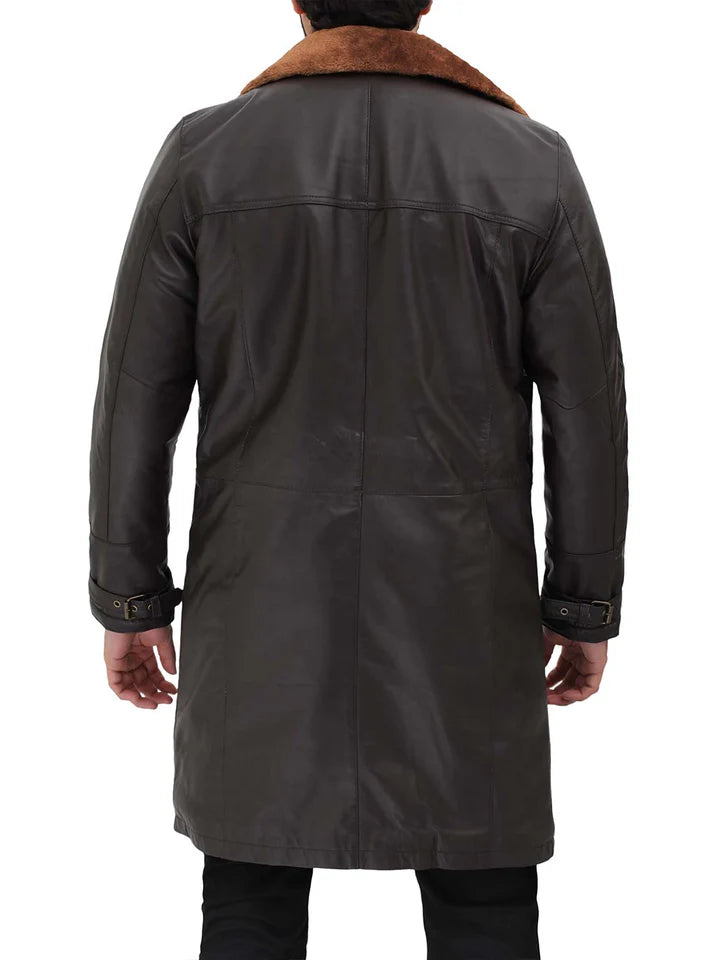 Mens Dark Brown Shearling Leather Trench Coat