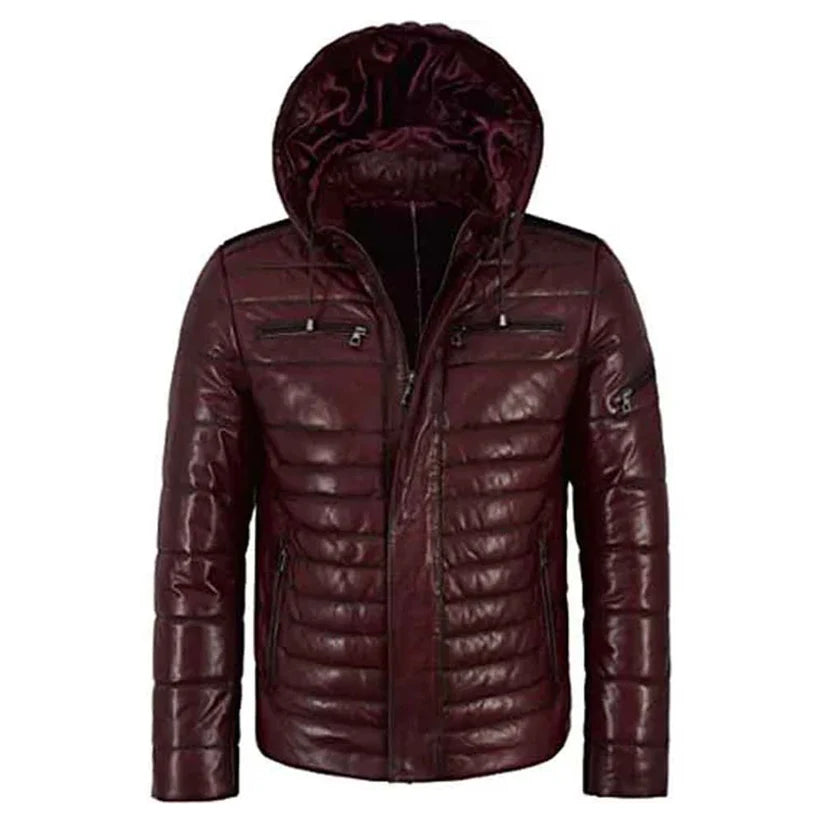 Mens Maroon Puffer Hooded Leather Jacket