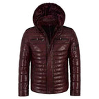Mens Maroon Puffer Hooded Leather Jacket