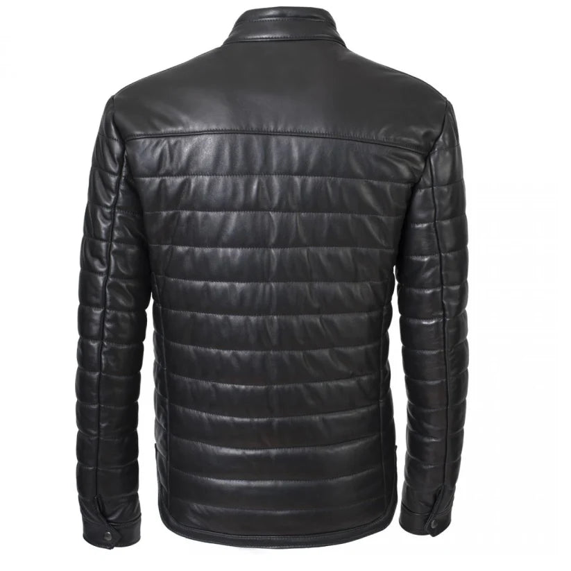 Black Leather Puffer Winter Jacket