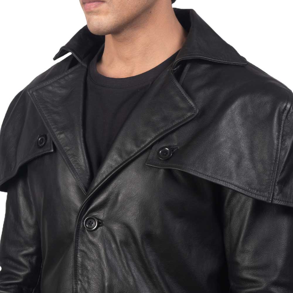 Mens Black Leather Trench Coat