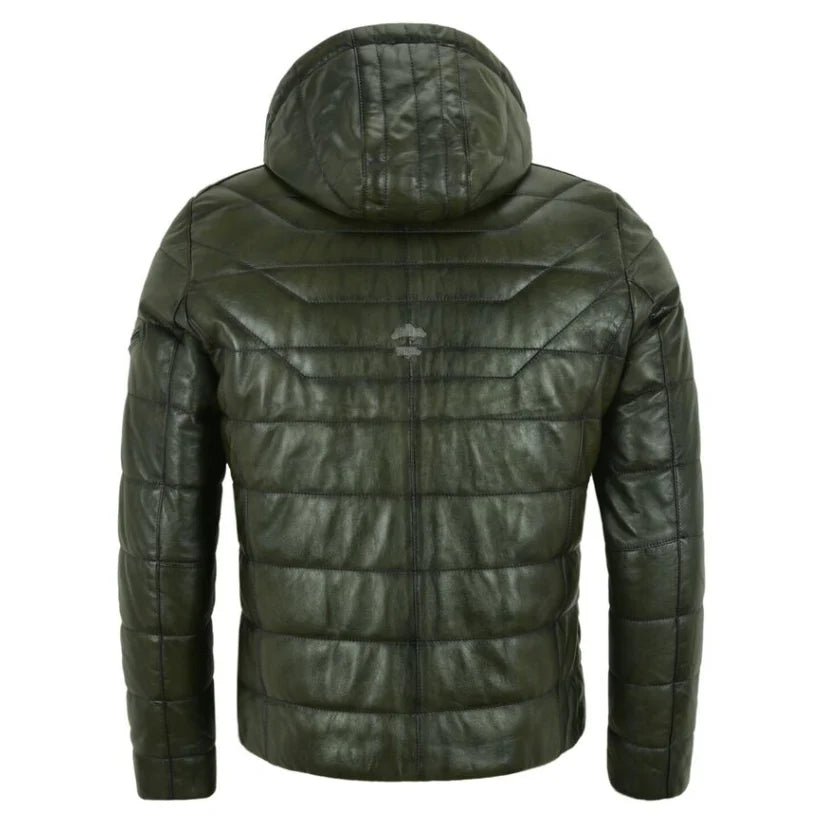 Mens Puffer Real Hooded Leather Jacket