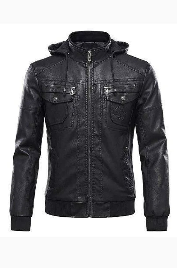 Mens Removable Hood Bomber Leather Jacket