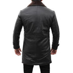 Mens Shearling Lined Black Leather Trench Coat